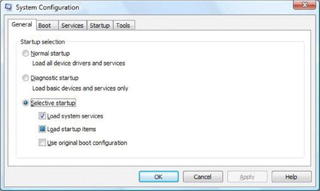 Screenshot shows system configuration in title bar, general, boot, services, startup, and tools tabs in menu bar, of which general is selected, radio buttons for normal, selective, and diagnostic startups. 