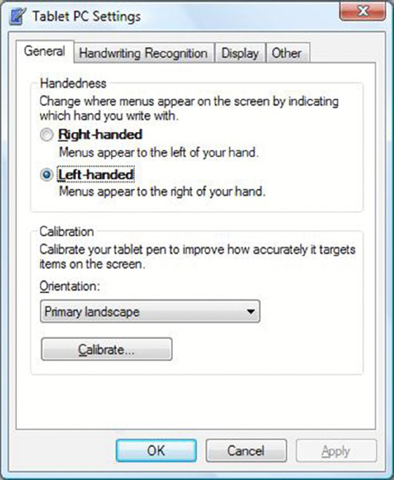 Diagram shows general, handwriting recognition, display, and other tabs in menu bar, of which general is selected, radio buttons for selecting right or left handedness, list box for orientation, and button for calibration.