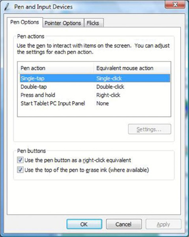 Screenshot show pen options, pointer options, and flicks in menu bar, from which pen options is selected. It shows equivalent mouse action of 4 different pen actions, two check boxes for pen buttons, and ok and cancel buttons at bottom.