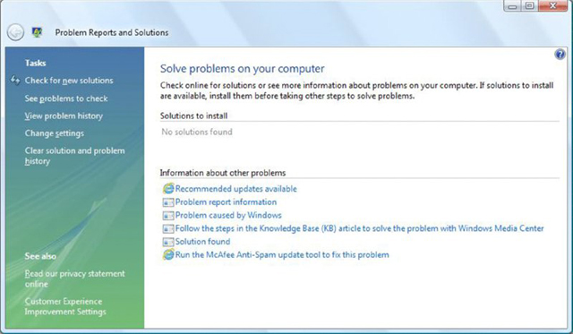 Screenshot shows title solve problems on your computer and description, subtitles solutions to install and information about other problems that include recommended updates, problem report, and solution found.  