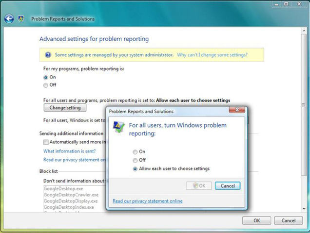 Screenshot shows problem reports and solutions on title bar and content with title advanced settings for problem solving and buttons for change settings and a message box for choosing settings for problem reporting.