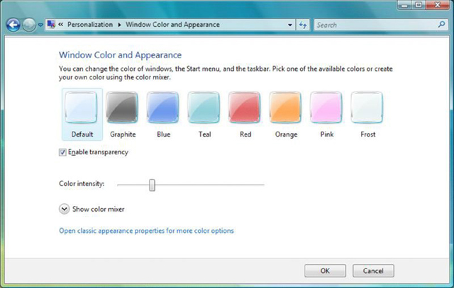 Screenshot shows window color and appearance option that include default, graphite, blue, teal, red, orange, pink, and frost screens and scroll bar to change color intensity level and color mixer button.