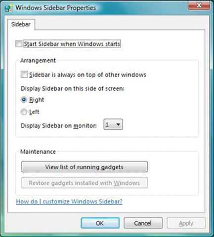 Screenshot shows windows sidebar properties that include options to start sidebar when windows start, vertical and horizontal arrangement of sidebar, display sidebar on monitor, and view list of running gadgets.