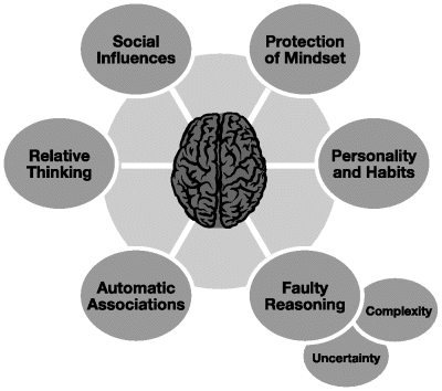 The figure depicts the structure for biases in decision making. These biases are organized into six categories: social influences, protection of mindset, personality and habits, faulty reasoning (complexity, uncertainty), automatic associations, and relative thinking.