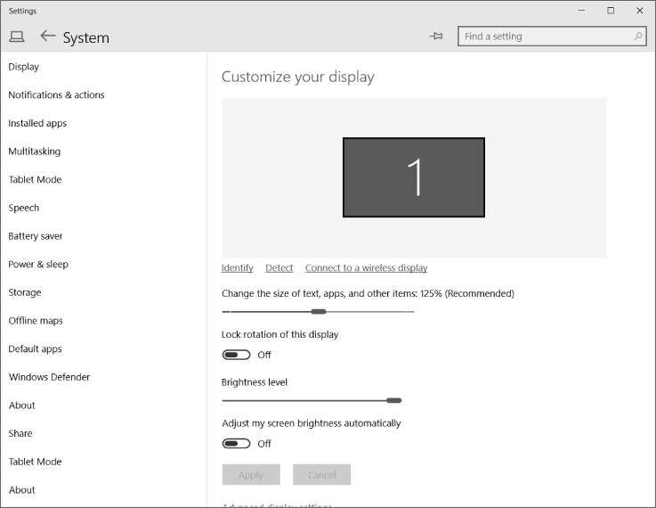 Screenshot of Display page in the Settings window with a display preview, sliders to change text size and to adjust brightness, and toggles to lock rotation of display and to adjust brightness automatically.