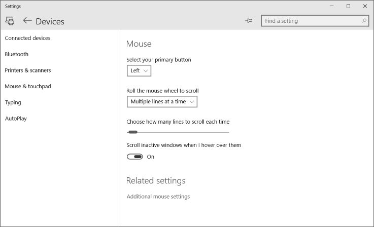 Screenshot of Mouse and Touchpad page with drop-down menus for primary mouse button, number of rolls of mouse wheel to scroll, slider for the number of lines to scroll, and toggle to scroll inactive windows.