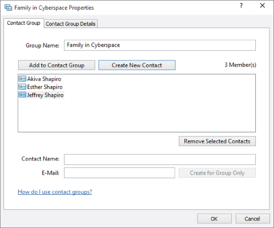 Sample contact group properties dialog box with Contact Group tab selected displaying field for Group Name, Add to Contact Group and Create New Contact buttons with pane listing members, and OK and Cancel buttons.