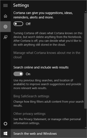 Screenshot of the Settings window presenting settings options for using Cortana browser with ON/OFF slider control and for searching online and include web results, also with ON/OFF slider control.