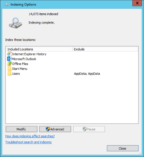 Screenshot of the Indexing Options dialog box presenting the number of indexed items, indexing status, and a list of included locations and excluded files. Below are Modify, Advanced, and Pause buttons.