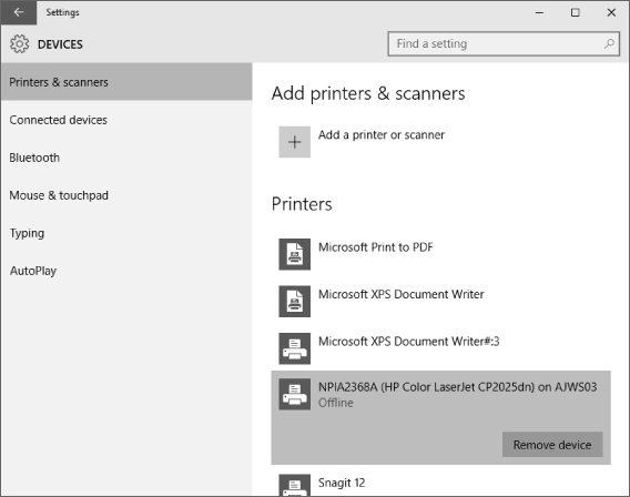 Screenshot of the Windows 10 Devices presenting a selected printer in the list of printers connected with a Remove device button at the bottom right.