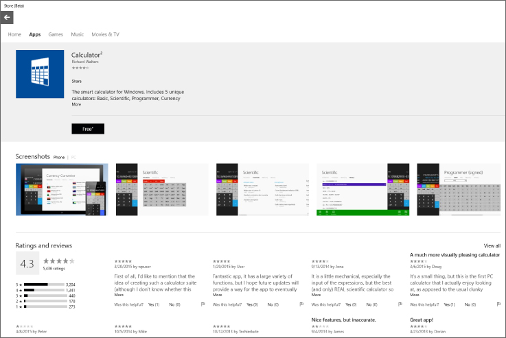 Screenshot of a page presenting the screenshots, ratings, description, and features of Calculator2 app.