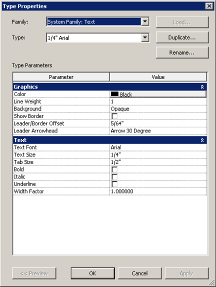 Screenshot of Text Type Properties dialog box presenting the selected System Family Text from Family option list and Type Parameters pane with Parameter and Value columns for graphics and text settings.
