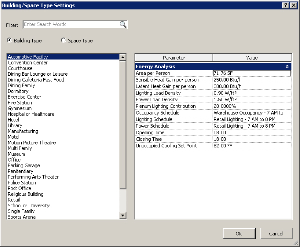 Building/Space Type Settings dialog box presenting a search box for Filter options, radio buttons for Space Type and Building Type with a drop-down list, and panel on the right with Parameter and Value settings.