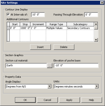 Site Settings dialog box presenting Contour Line Display settings with additional contours, Section Graphics settings with section cut material and elevation of poche base options, and Property Data settings.