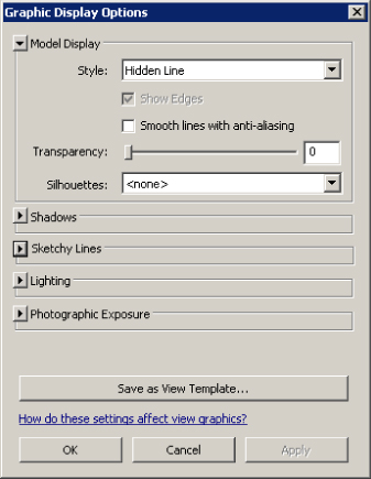 Screenshot of Graphic Display Options dialog box presenting option settings for Model Display, Shadows, Sketchy Lines, Lighting, and Photographic Exposure. Model Display settings is selected.