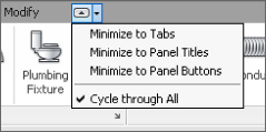 Snippet image of Modify tab with a drop-down list displaying the following options: Minimize to Tabs, Minimize to Panel Titles, and Minimize to Panel Buttons.