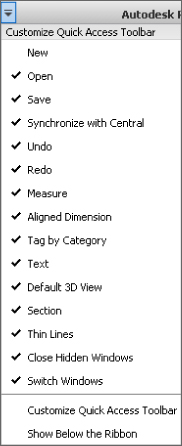 Screenshot of the customization menu for Quick Access Toolbar options with check marks beside each option except New.