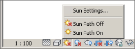 Snippet image of the Sun Path toggle on the View Control Bar revealing the Sun Settings options to turn sun path off or on.