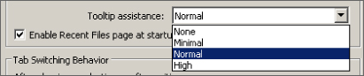 Snippet image of the Tooltip assistance on the User Interface section of the Options dialog box, revealing a drop-down list to define the level of information to be provided.