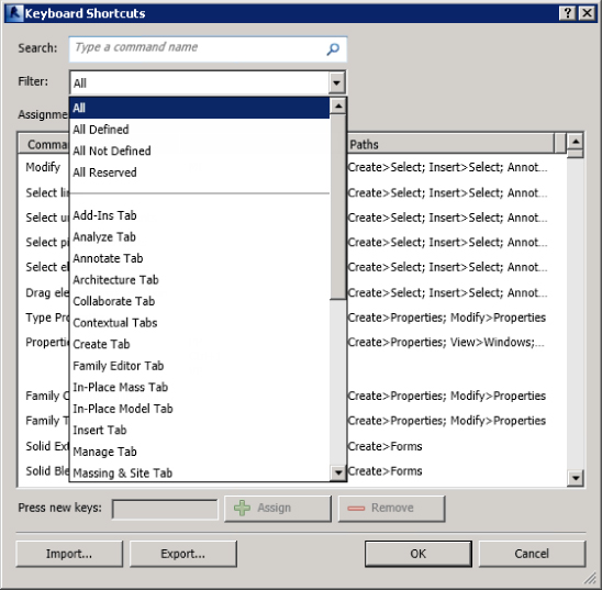 Screenshot of the Keyboard Shortcuts dialog box from the User Interface section of the Options dialog box, revealing the Filter options for the Keyboard Shortcut drop-down list.