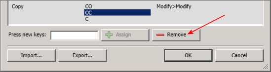 Snippet image displaying the Remove button (pointed by arrow) on the Keyboard Shortcuts dialog box.
