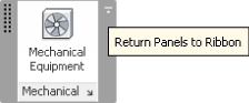 Screenshot of the Mechanical panel with a small icon at the upper right corner of the panel and a textbox adjacent to the icon containing a message: Return Panels to Ribbon.