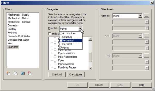 Screenshot of the Filters dialog box presenting the selected filter Sprinklers on the left and the Filter list option under Categories in the middle. Filter list has drop-down list with Mechanical highlighted.