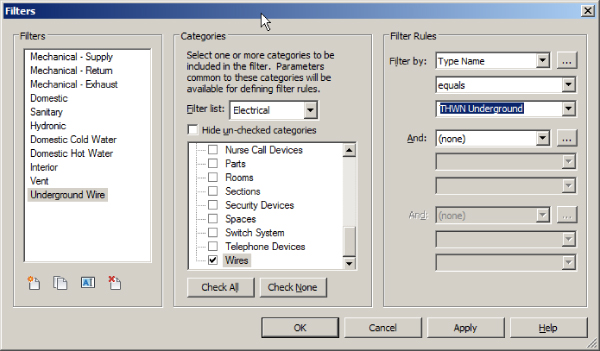 Screenshot of Filters dialog box presenting the selected Underground Wire under Filters, Electrical for Filter list option and checked box for Wires under Categories, and THWN Underground under Filter Rules.