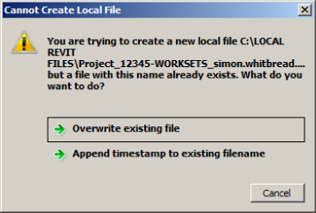 Dialog box labeled Cannot Create Local File informing that a local file already exists and providing other options: overwrite existing file or append timestamp to existing filename. Cancel button below.