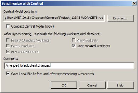 Dialog box labeled Synchronize with Central revealing checked box to User-created Worksets to be relinquished after synchronizing and checked box to Save local file before and after synchronizing with central.