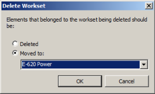 Delete Workset dialog box presenting options for elements of the workset being deleted: radio button to delete and radio button to move elements. The latter option provides a drop-down list where it will be moved.