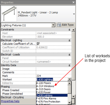 Screenshot of the Workset parameter in the Properties palette of an object presenting a drop-down list of objects and its respective properties and a drop-down list of worksets in the project at the bottom left.