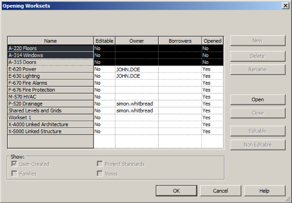 Opening Worksets dialog box presenting Name (workset), Editable (Yes or No), Owner, Borrowers, and Opened (Yes or No) columns, Open button on the right, and OK, Cancel, and Help buttons at the bottom right.