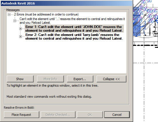 Screenshot of Autodesk Revit 2016 dialog box presenting two error messages for ownership of selected objects already owned by two users. Under Resolve Errors in Bold option are Place Request and Cancel buttons.