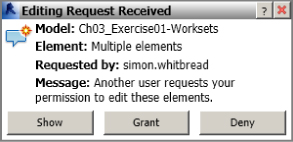 Screenshot of the notification message labeled Editing Request Received at both JOHN.DOE's and larry.lamb's workstations, revealing simon.whitbread's request. Below are Show, Grant, and Deny buttons.