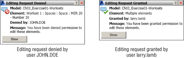 Screenshots depicting results of request actions. Left: Editing Request Denied message by user JOHN.DOE (with denied symbol). Right: Editing Request Granted message by user larry.lamb (with check symbol).