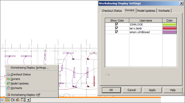 Screenshot of the drawing area with Worksharing Display Settings dialog box with Owners tab selected presenting columns for Show Color, Username, and Color and a pop-up Worksharing Display Settings at the left.