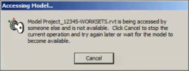 Dialog box informing that central file is currently being accessed by another user and is not available. A Cancel button is provided to stop another user's attempt from synchronization.