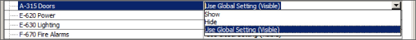 Snippet image of the list of worksets and visibility settings on the Visibility/Graphic Overrides dialog box revealing the drop-down list to set the visibility behavior of the worksets in the current view.
