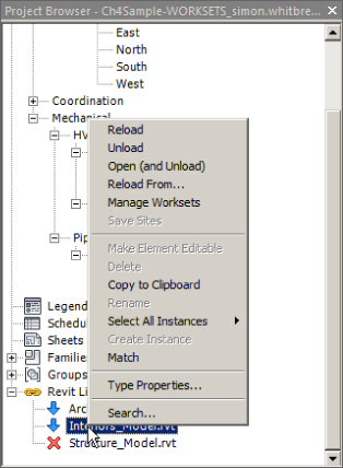 Snippet image of the bottom of the Project browser displaying the pop-up menu with quick access to link-management tools.