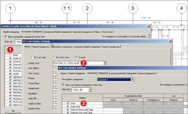 Screenshot presenting three dialog boxes: Visibility/Graphic Overrides with unchecked box Grids, RVT Link Display Settings with selected radio button Custom, and RVT Link Display Settings with checked Grids.