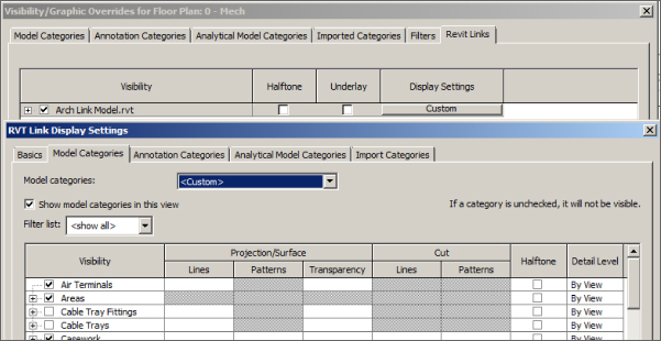 Screenshot presenting the RVT Link Display Settings dialog box over the Visibility/Graphic Overrides dialog box, with RVT Link Display Settings dialog box revealing Custom option under Model Categories tab.