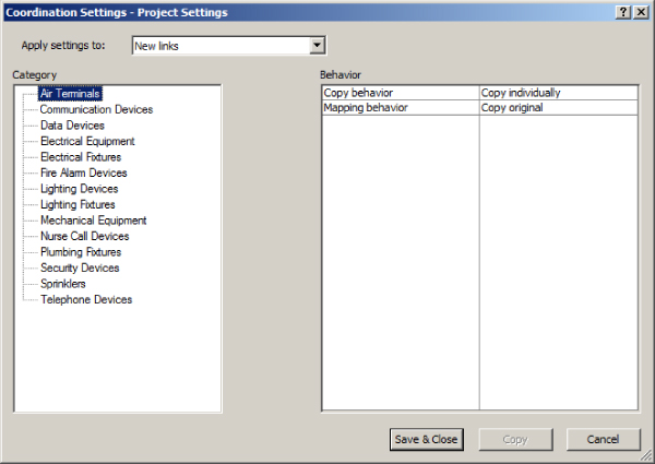 Coordination Settings - Project Settings dialog box presenting Apply settings to option drop-down list, Category panel listing categories, and Behavior panel listing copy options. Save & Close button below.