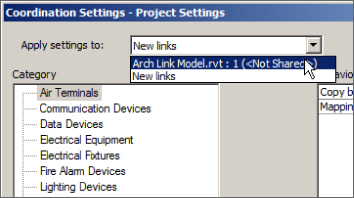 Snippet image of the Coordination Settings - Project Settings dialog box presenting the Apply settings to option drop-down list of linked files.