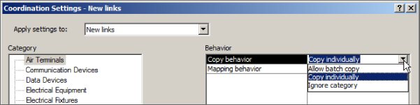 Snippet image of the Coordination Settings - Project Settings dialog box presenting the three choices (Allow batch copy, Copy individually, and Ignore category) of Copy behavior setting under Behavior panel.