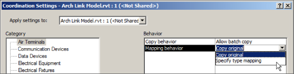 Snippet image of the Coordination Settings - Project Settings dialog box presenting the two choices (Copy original and Specify type mapping) of Mapping behavior setting under Behavior panel.