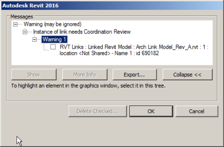 Dialog box labeled Autodesk Revit 2016 presenting warning messages for coordination review for changes made to an item.