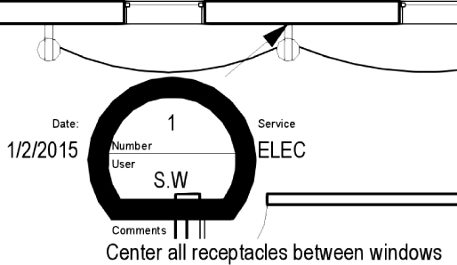 Screenshot of a semi-circle image with dark solid outline with details about date, number user, and sample comment Center all receptacles between windows.