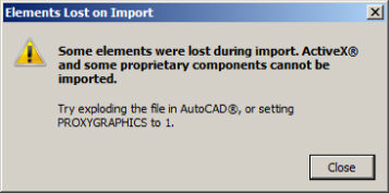 Elements Lost on Import dialog box with warning message Some elements were lost during import. Activex and some proprietary components cannot be imported. Suggestion message and Close button are also displayed.