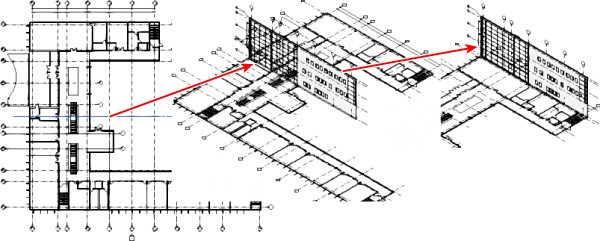 Left: Top view of the floor plan including grids and elevations. Middle: Floor plan in 3D view, with elevation file in the middle of the building. Right: Elevation file is moved to the north “face” of the floor plan.